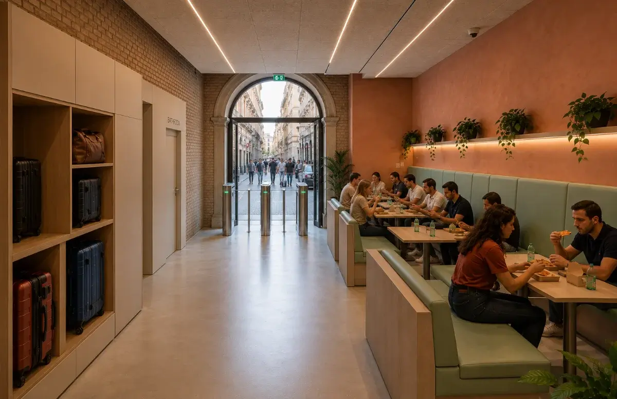 Render of an Oasis rest stop interior: banquette seating, small tables, luggage lockers and an arched entrance onto the street.